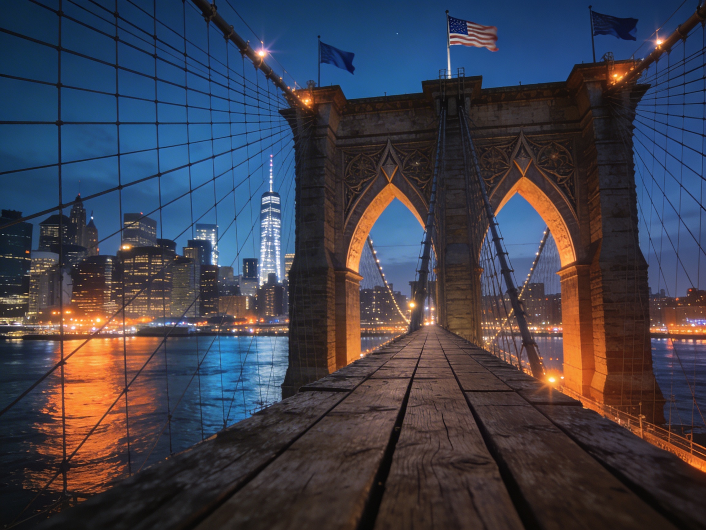 Бруклинский мост в Нью-Йорке: готические арки и огни Манхэттена